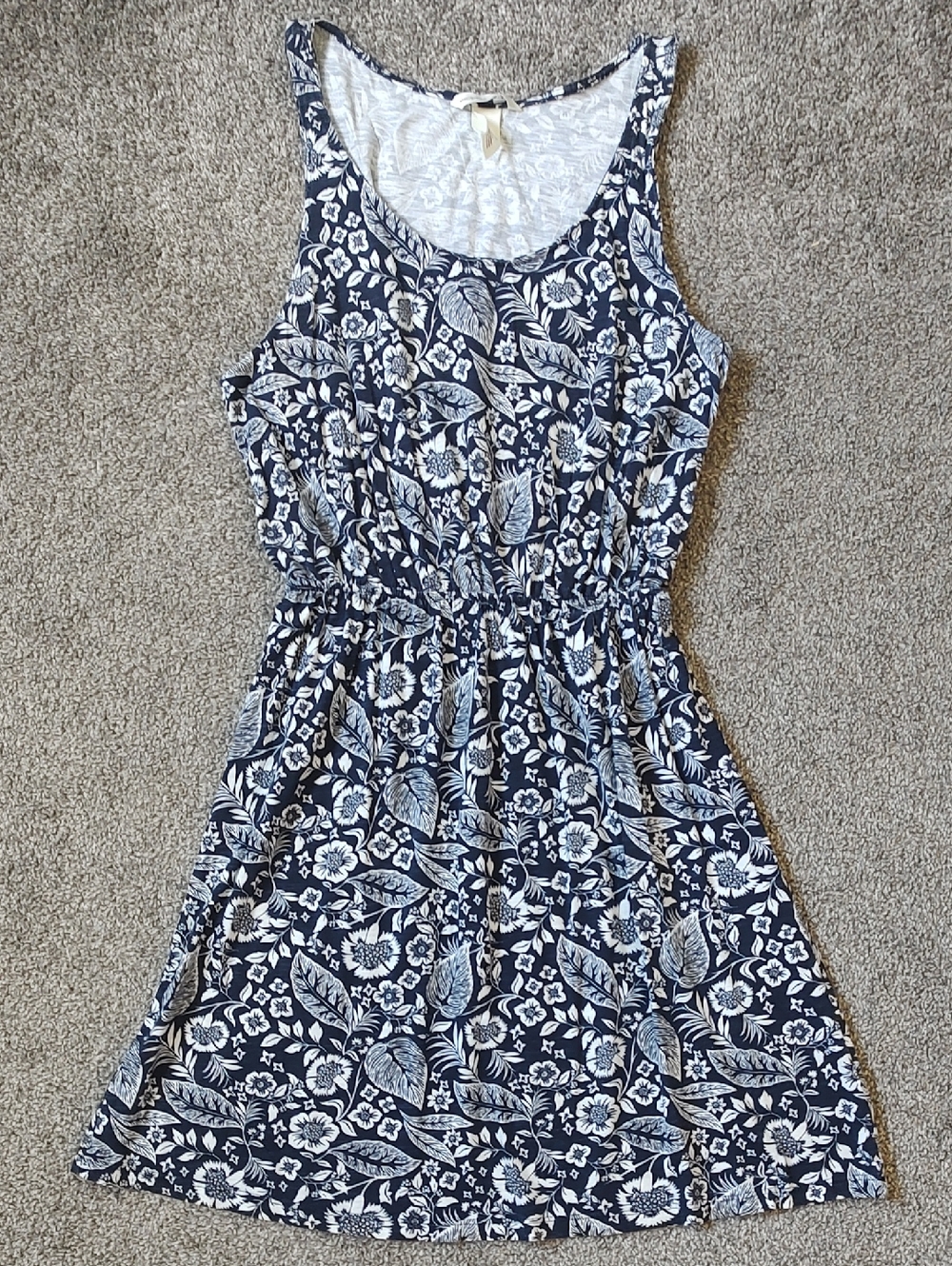 H&M Basic Size Small Navy Blue Floral Print Sleeveless Waist-Defined Dress
